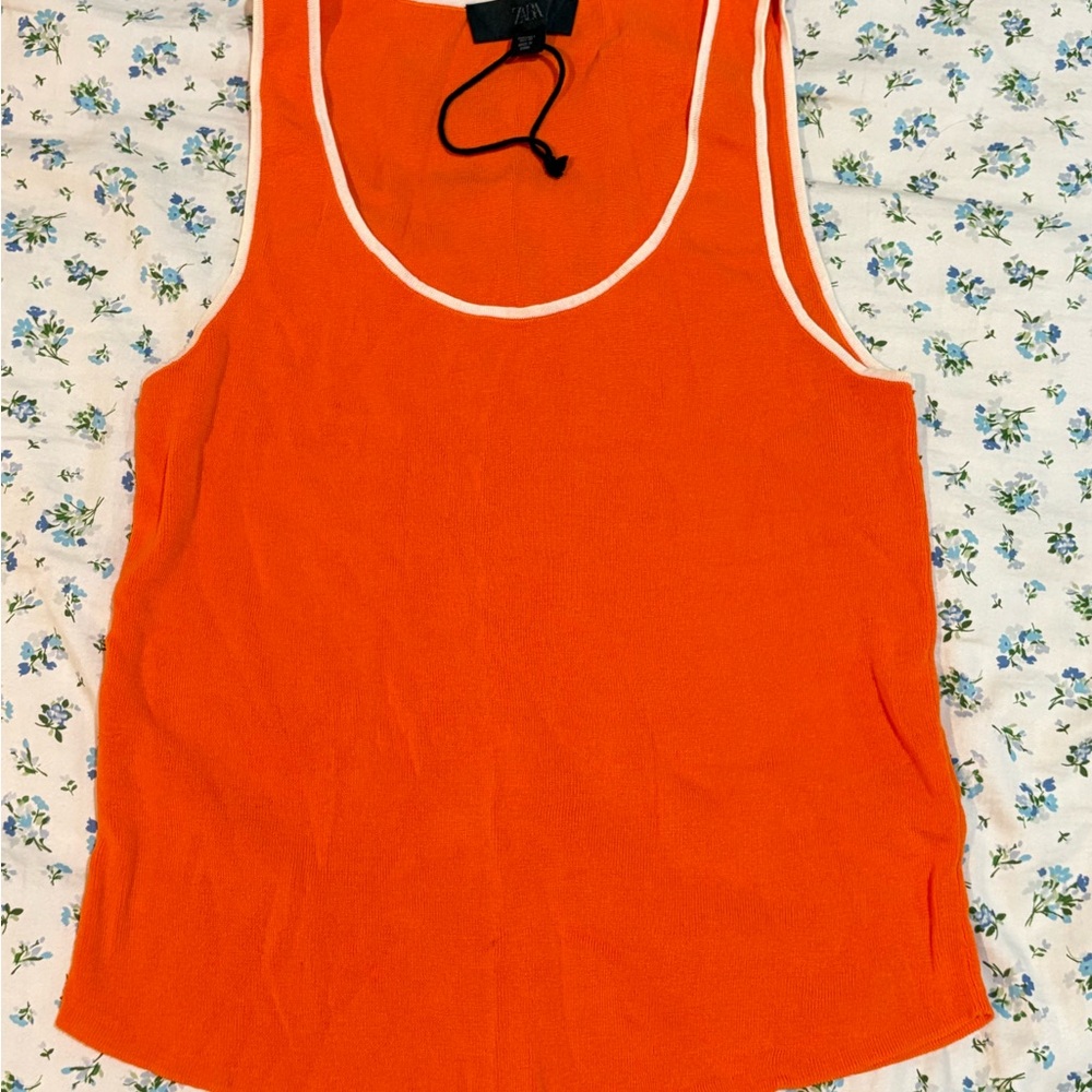 Zara Bright Orange Tank Top with White Trim thick Knitt material